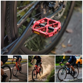 PINNAMAX MTB Bicycle Pedals, CNC Aluminium, 3 Sealed Bearings, Non-Slip Pedals for Mountain Bike, BMX, E-Bike, Road Bike (Red)