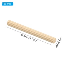 PATIKIL 1/4" x 2-11/32"(6 x 60mm) Wood Dowel Pins, 60 Pack Fluted Wooden Dowel Pin Straight Groove Rods for Furniture Door Art Crafts Projects