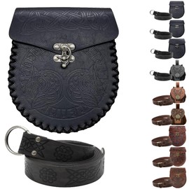 AUNGCSHE Medieval Bag Embossed Medieval Belt and Medieval Belt Bag, Viking Belt for Matching Viking Pirate Wizard Knight Renaissance Costume, Black Wolf, axe