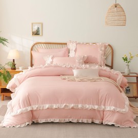 Jolusere Ruffle Comforter Set Queen Pink 3 Pieces Shabby Chic Bedding Set