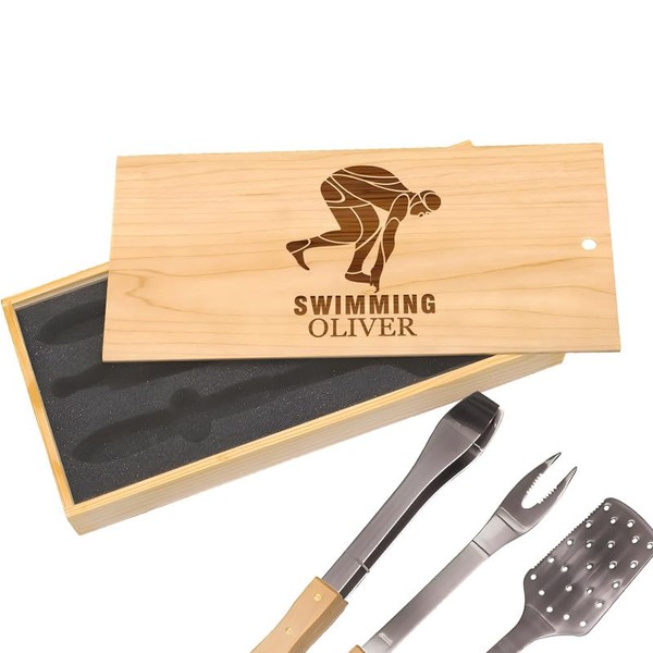 Custom Engraved Swimming Caps BBQ Grill Set in Wooden Box