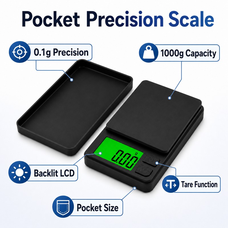 Digital Pocket Scale 1000g x 0.1g Mini Gram Scale with
