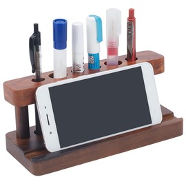 WEBEEDY Solid Wood Pen Display Stand Fountain Pen Holder for Desk, with 6 Slots and Cell Phone Holder, Wooden Pencil Pens Organizer Rack for Office Home Desktop Decor, 20x8.2x8.6cm/7.9x3.2x3.4 Inch