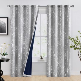 FMFUNCTEX 100% Blackout Curtains for Bedroom, Curtains 96 Inches Long Silver on Grey Tree Curtains for Living Room, Silver Foil Room Darkening Thermal Insulated Branch Curtain, 2 Panels Grommet Top