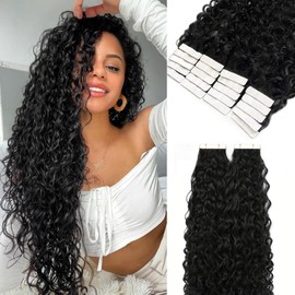 Afro Curly Tape in Hair Extensions Human Hair 18 Inch Seamless Skin Weft PU Tape Ins Remy Hair Tape ins Deep Curly Wave Tapes in Extensions for Short Hair 20pcs/Pack 50G 3-4 Packs for Full Head