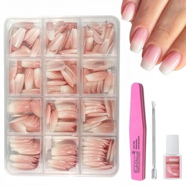 French False Nails Kit - 240Pcs Ombre Square Press on Nails Set - 12Sizes Medium Gradient Fake Nails - Acrylic Coffin Stick on Nail White Pink Tips Full Cover Glossy Glue-on Nail for Women Nail Art