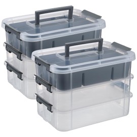 JUXYES 2 Pack 3-Tiers Stack Carry Storage Box With Divided Tray, Transparent Stackable Storage Bin With Handle Lid Latching Storage Container for School & Office Supplies, Dark Gray
