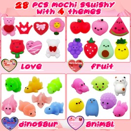 VEALIZUU 28 Packs Valentines Day Cards Gifts with Cute Mochi Squishy Toys Filled Hearts Box for Kids Valentines School Classroom Exchange Gift, Valentines Party Favors, Valentines Basket Stuffers