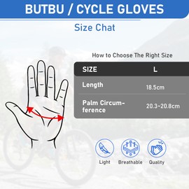 BUTBU Cycling Gloves, Full Finger Riding Gloves for Men Women, Anti-slip Touchscreen Mountain Bike Gloves, MTB Gloves with Padding for Cycling Biking Driving Road Racing (Size L, Gray)