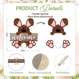 10" Happy Easter Wooden Hanging Sign - Welcome - Easter Cute Bunny Pattern, Country/Retro Style, Indoor and Outdoor Spring Decorations, Farmhouses, Homes, Decoration & Gift (Brown Rabbit) - A05