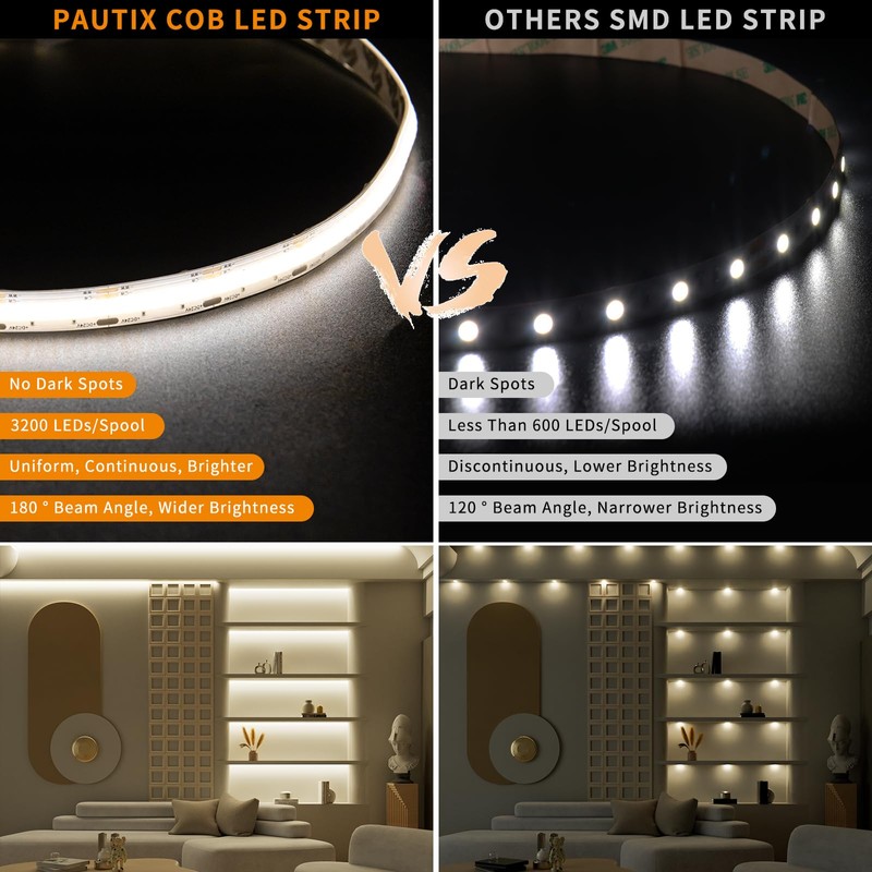 PAUTIX CCT COB LED Strip Light White Tunable 3200LEDs,CRI90+ 16.4ft/5m