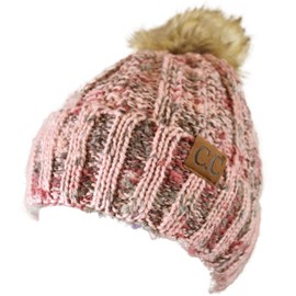 C.C Thick Cable Knit Faux Fuzzy Fur Pom Fleece Lined Skull Cap Cuff Beanie, Popcorn Confetti Rose