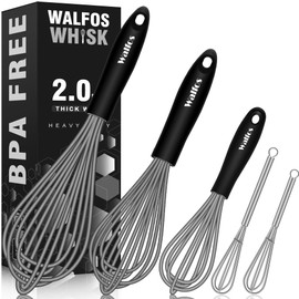 Walfos Whisk, Silicone Whisks Set of 5, Mini Stainless Steel Whisk 7in+5in and Non Scratch Coated 7+9+11in Whisks, Suitable for Blending, Whisking, Beating, Frothing & Stirring. (Grey)