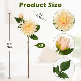 Arborus Artificial Dahlia Flowers – Set of 3 | 27.9" Tall Real-Touch Silk Dahlia Stems with Large 6.1" Blooms | Lifelike Ivory Faux Flowers for Home Decor, Wedding, Centerpieces & Floral Arrangements