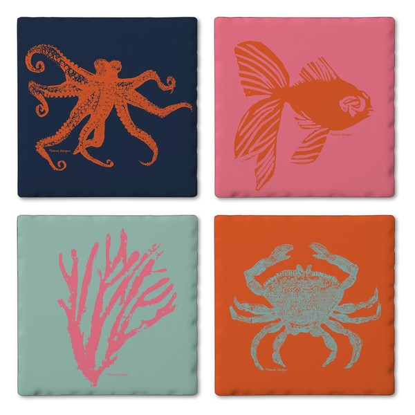Thirstystone Coastal Culture 4-Pack Tumbled Tile Stone Coasters with Protective