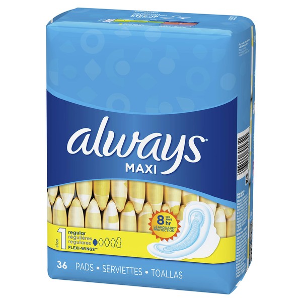 ALWAYS Maxi Size 1 Regular Pads With Wings Unscented, 36 Count (Pack of 2)