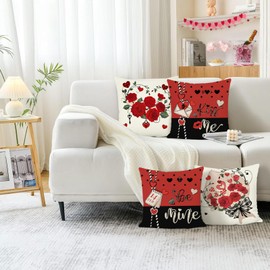 Bonhause Valentine's Day Cushion Covers 45 x 45 cm Red Rose Love Heart Decorative Throw Pillow Covers for Sofa Couch Bed Home Outdoor Valentine's Day Decor Set of 4