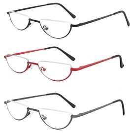 Yiwaeye 3 Pack Half Moon Reading Glasses Anti Blue Light UV, Half Frame Semi Lens Slim Spring Hinge Readers with Case for Men Women Black/Gunmetal/Red +1.0