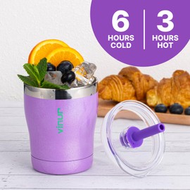 VINUR Small 9 oz Kids Tumbler Stainless Steel Double Wall Vacuum Insulated Tumbler with Lid and Straw (Glitter Purple)