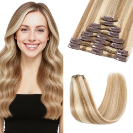 Haarverlängerung Echthaar Clip in Extensions - 8 Doppelt Genäht Wefts, Unsichtbaren Clips 70g Goldbraun&blond 50 cm Salon Echthaar Glattes #12P613