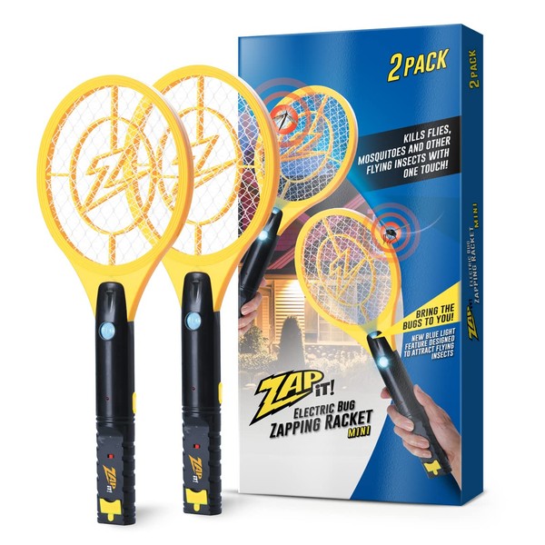 ZAP iT! Electric Fly Swatter Racket & Mosquito Zapper with Blue Light Attractant - High Duty 4,000 Volt Electric Bug Zapper Racket - Fly Killer USB Rechargeable Fly Zapper Indoor Safe - 2 Pack, Yellow
