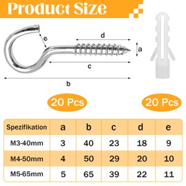 Forbabe Screw Hooks Small 304 Stainless Steel Pack of 20 Hook Screws with Thread Screw-In Hooks for Outdoor Hooks for Screwing Thread Hooks M3-40 mm