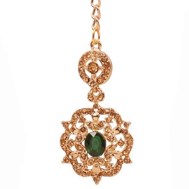 Touchstone Indian Bollywood Traditional Studded Diamond Look Beautiful Filigree Faux Citrine Emerald Designer Jewelry Mangtika Head Accessory in Antique Gold Tone for Women.