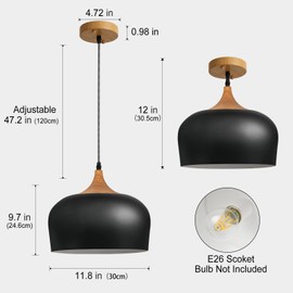 DOTCN Modern Black Pendant Light, Wooden Dome Industrial Style Chandelier Light fixtures Ceiling Hanging for Dining Room, Kitchen Island, Bedroom, Hallway,Restaurant,Office