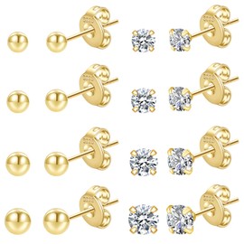 PRETOLE 8 Pairs Sterling Silver Stud Earrings for Women,14K Gold Plated Tiny Stud Earrings Set for Multiple Piercing Cartilage Hypoallergenic Earrings Cubic Zirconia Small Stud Earrings