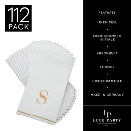 Luxe Party 112 Pack Monogram Napkins | Letter S Initial | Disposable | Premium Airlaid | Linen Feel | Decorative Table Setting | Guest Towel Napkin | White and Gold