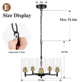 Sucolite 19.8'' 5-Light Chandelier for Dining Room Kitchen Island, Modern Farmhouse Pendant Lighting with Glass Shades Industrial Black Hanging Ceiling Light Fixture for Living Room, Height Adjustable