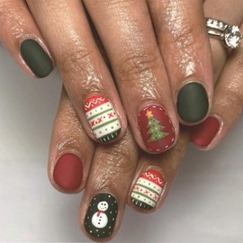 Vopintpy Christmas Tree Snowman Fake Nails Matte Winter Xmas Press on Nails Short Square Christmas Acrylic Nails with Glue on Nails Reusable Stick on Nails for Women