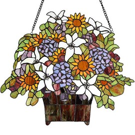 BIEYE W10046 Gaily Decorated Basket Tiffany Style Stained Glass Window Panel Hangings with Sunflower Lily Hydrangea Flowers, 20" W x 18" H