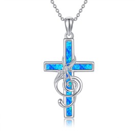 CUPENDA Music Note Necklace Sterling Silver Opal Cross Treble Clef Pendant Necklace Music Note Jewelry Gifts for Music Lover for Women