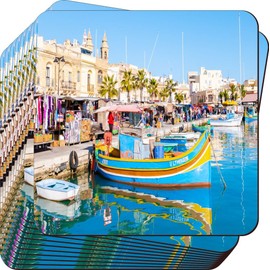 Island Gifting - Image of The Marsaxlokk harbos Colorful Fishing Boats in Malta - 3.5 Inch Soft Square Coasters Art (x8)