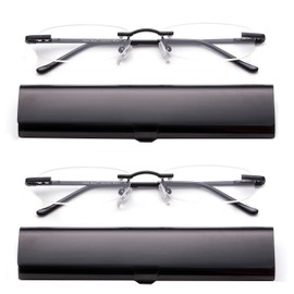 2 Pack Compact Reading Glasses in Tube Slim Rimless Reader in Aluminum Case