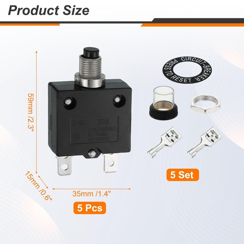sourcing map 2PCS 20A Thermal Circuit Breakers, 125/250V AC,32/50V DC