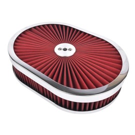 BestParts 12"x 2" Red Oval Air Cleaner Washable Filter Assembly 5-1/8" Carb Neck w/Flow-Thru Lid High-Flow Chrome Compatible With GMC Chevy Ford Chryler Dodge Hot Rod Customs