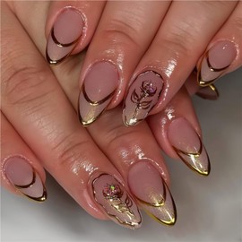 Short Press on Nails Almond Fake Nails French False Nails Gold Artificial Nails with Flowers Designs Stick on Nails for Women 24pcs