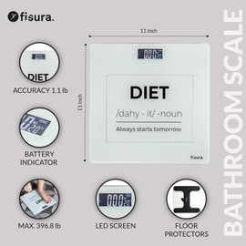 Fisura Fisura - Scales for body weight "diet", Glass weighing scales body weight up to 180 kg with 50 g precision, Step-On technology, 30x30 cm
