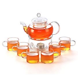 27 oz Glass Filtering Tea Maker Teapot with a Warmer and 6 Tea Cups (4.35 oz cup with a handle)