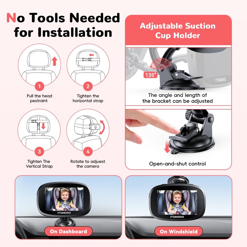 Itomoro Wireless Baby Car Camera, Rechargeable Car Baby Monitor with