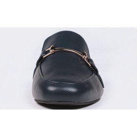 Feversole Mocasines de moda para mujer, Ribete de barra azul marino de grano Pu, 6 US