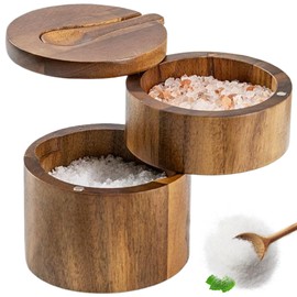 Salt Box with Swivel Lid & Spoon Double-Layer Wooden Salt Box with Lid Compact Stylish Salt Cella with Magnetic Rotating Lid for Spices & Seasonings Salt Cellar with Lid Wooden Salt Box with Lid Salt