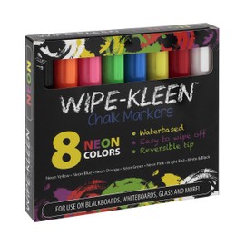 Wipe-Kleen Liquid Chalk Markers Neon Color- Set of 8 - for Bistro Signs, Blackboard, Whiteboard & Glass- Reversible Bullet or Chisel Tip