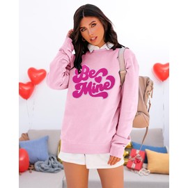 Valentines Sweatshirts for Women Be Mine Glitter Patch Valentine Shirts Oversized Love Heart Holiday Outfits Pink
