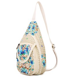 SILKAREA Vintage Embroidered Floral Ethnic Backpack for Women Handbag Shoulder Bag Mini Travel Purse, Beige Blue, Small, Vintage