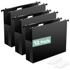 Shutex Extra Capacity Plastic Hanging File Folders,12 Pack Reinforced Hang Folders Letter Size,Accordian Pocket,Heavy Duty 2 Inch Expansion,Hard Hanging Folder Organizer for Office Home,Black