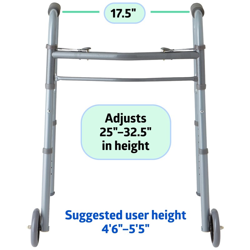 Medline Lightweight Junior/Lower Height Folding Walker with 5” Wheels