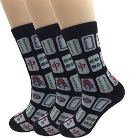 Elufly Creative Mah Jong Print Novelty Cotton Crew Socks Pack of 3 for Men Women (Mahjong print-Black 3pcs)